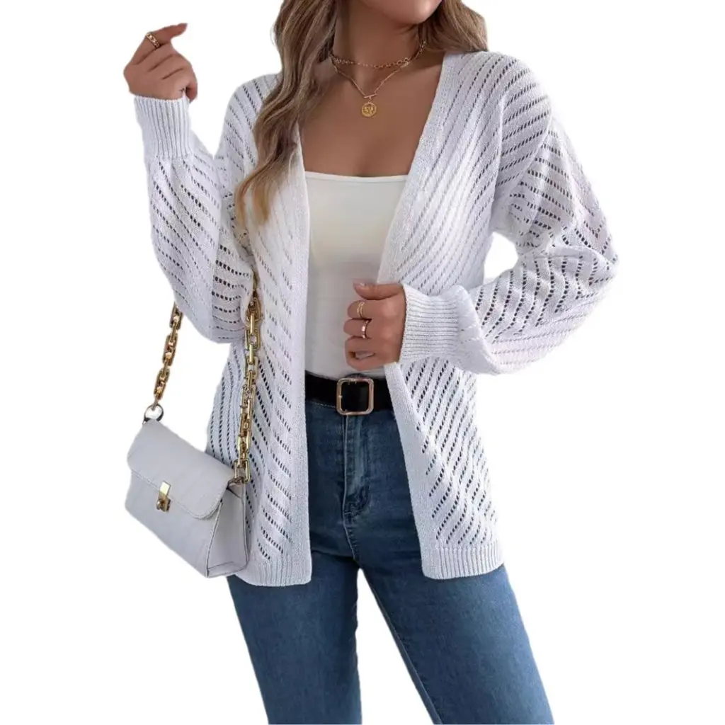 

Women's Solid Color Long Sleeve Cardigan Sweater Autumn Winter Leisure Style Europe And USA Inspired Hollow Knitwear Coat