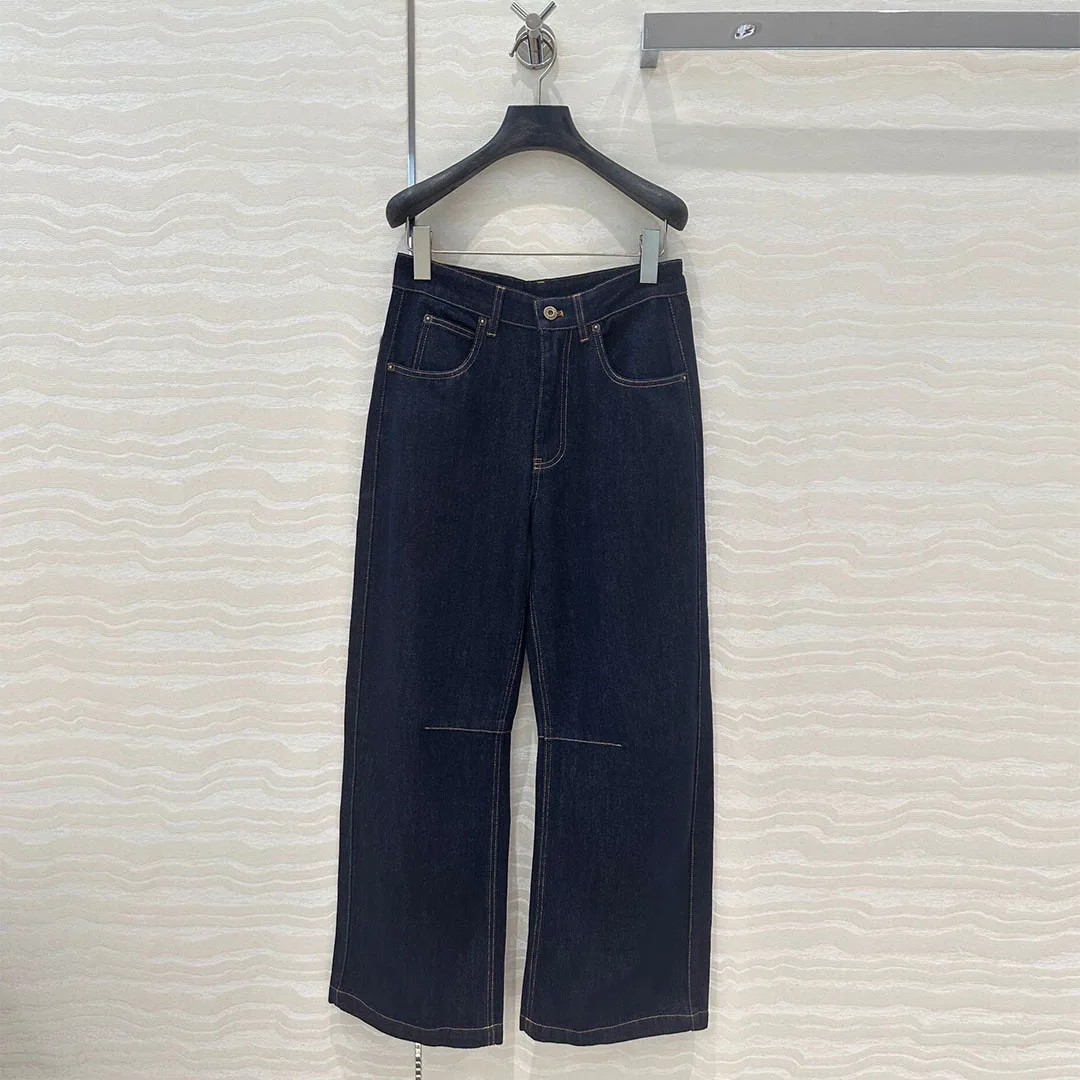 2025 New Spring Fashion Design Navy Blue Loose Jeans Women High Waist Zipper Pockets Vintage Wide Leg Long Denim Pants