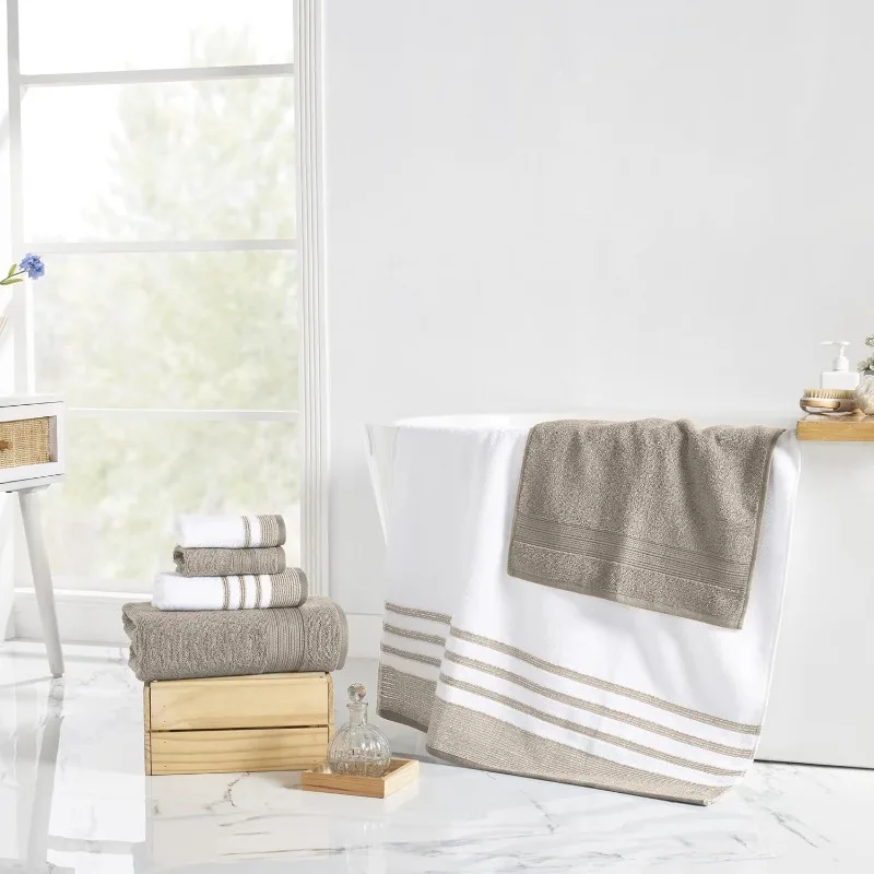 6 Piece Set, 2 Bath Towels, 2 Hand Towels, 2 Washcloths, Quick Dry White/Contrast Reinhart Tan