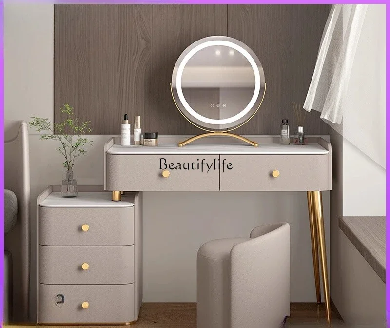 

2 yj15 Modern Minimalist Solid Wood Rock Board Dressing Table Light Luxury Leather Soft Bag Storage Cabinet Integrated