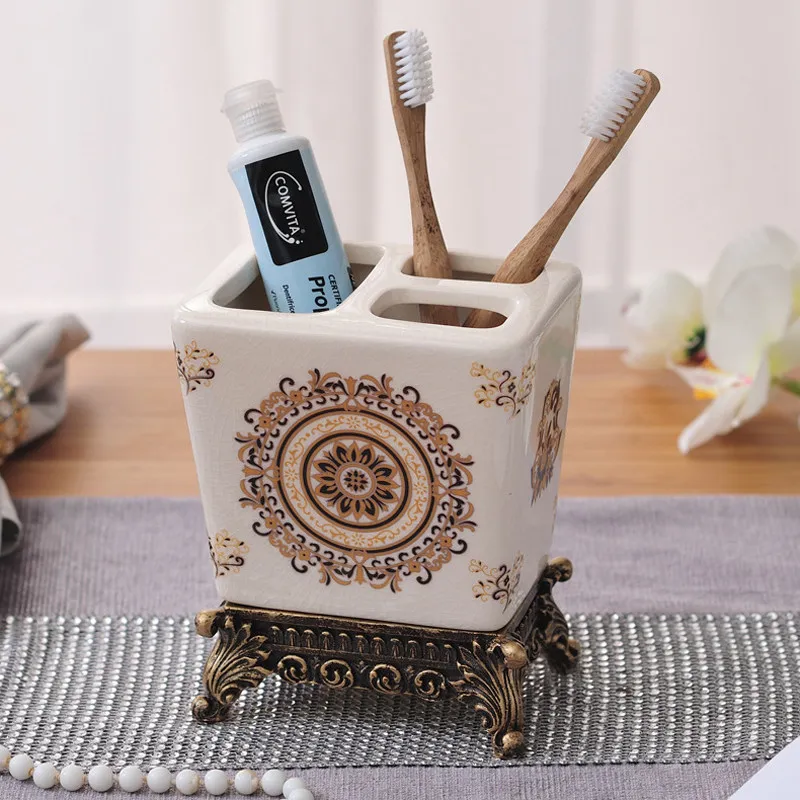 Ceramic Toothbrush Holder,Retro pattern Toothbrush Holder and Toothpaste Holder for Bathroom Countertop Accessories Storage