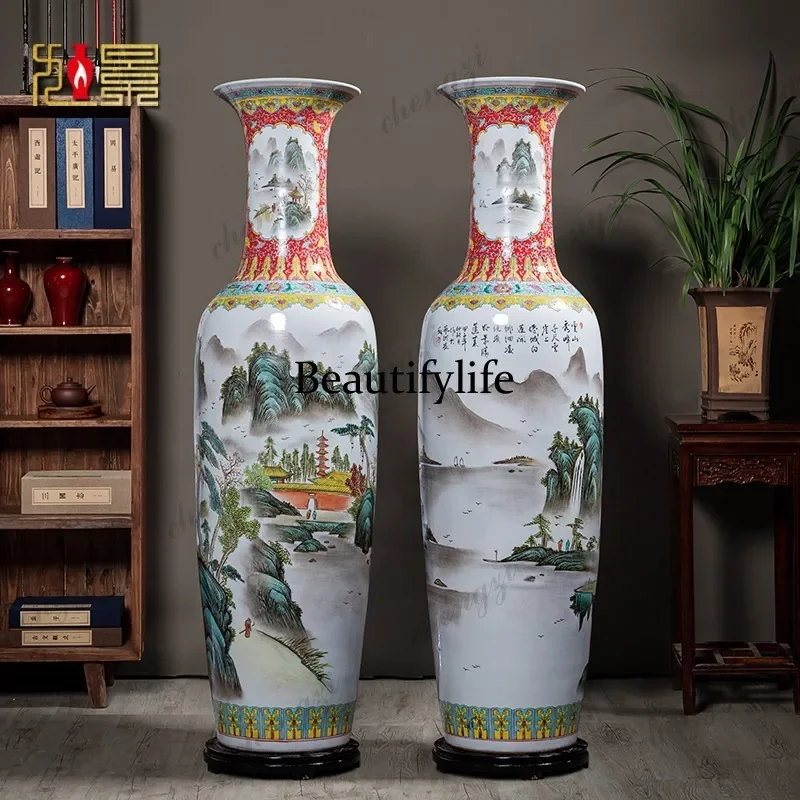 A4567 Jingdezhen ceramic hand-painted floor-to-ceiling large vase ornament pastel antique living room company opening decoration