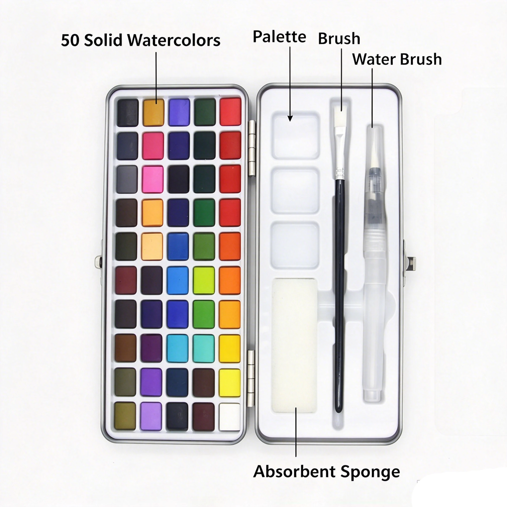 50 Colors Solid Watercolor Paint Set in Tin Box for Drawing Material