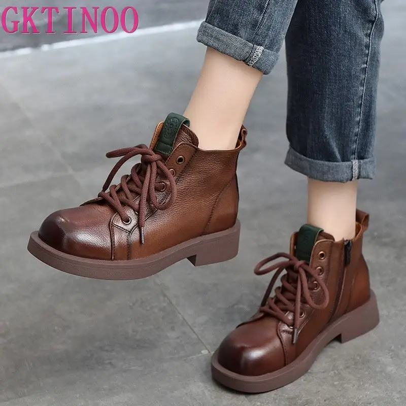 

GKTINOO Genuine Leather 2023 Autumn Winter New Women Short Boots Round Toe Ziper Solid Color Handmade Retro Ankle Boots