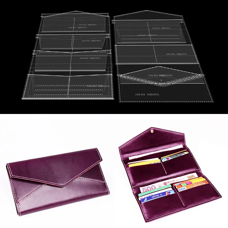 1ชุดแม่แบบรูปแบบอะคริลิครูป jahit kulit แบบทำมือ bifold กระเป๋าสตางค์แบบยาวธุรกิจบัตรผู้หญิงเครื่องมือเวอร์ชัน