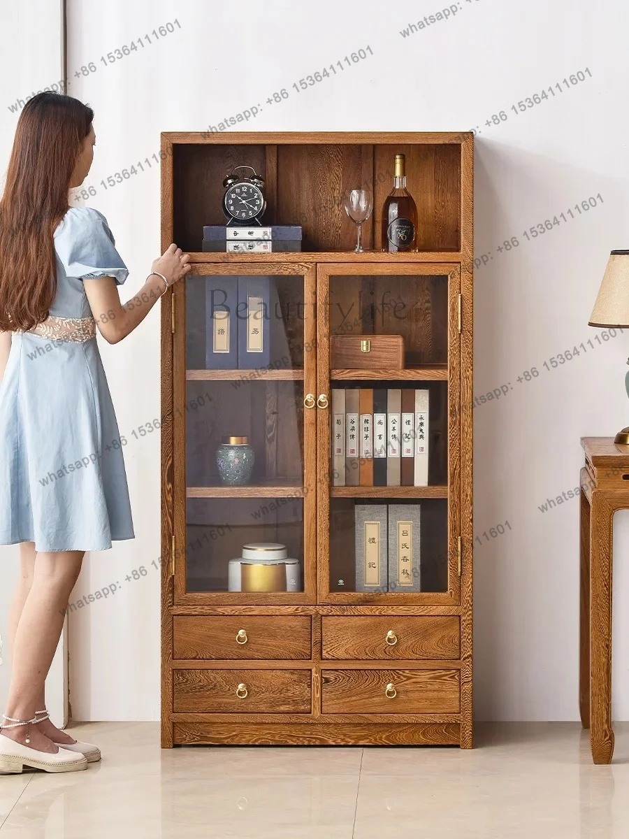 Bookcase Full Solid Wood New Chinese Style Cabinet with Glass Door Rosewood Chinese Style Floor Bookcase