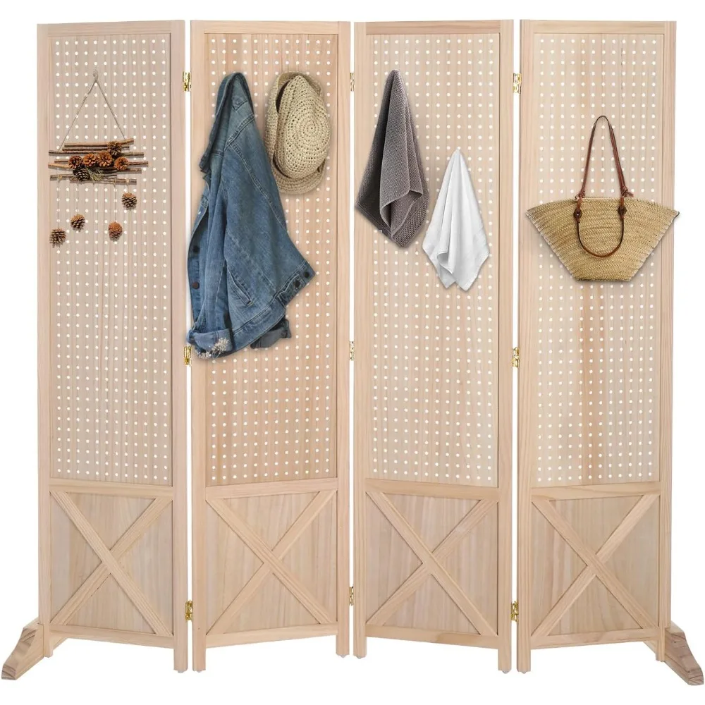 VINGLI Freestanding Pegboard with Support Feet, 5 FT Wood Room Divider Display Board Organizer, Folding Privacy Screen Partition