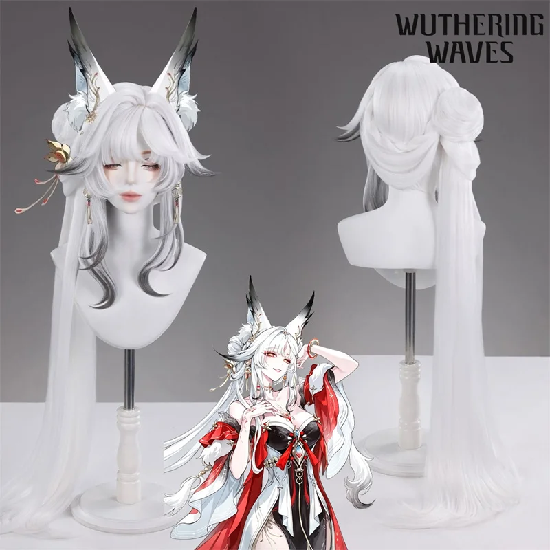 Game Wuthering Waves Hsin Moon Fox Cosplay Wig White Long Hair Heat Resistant Synthetic Wigs Halloween Play Role Carnival Prop