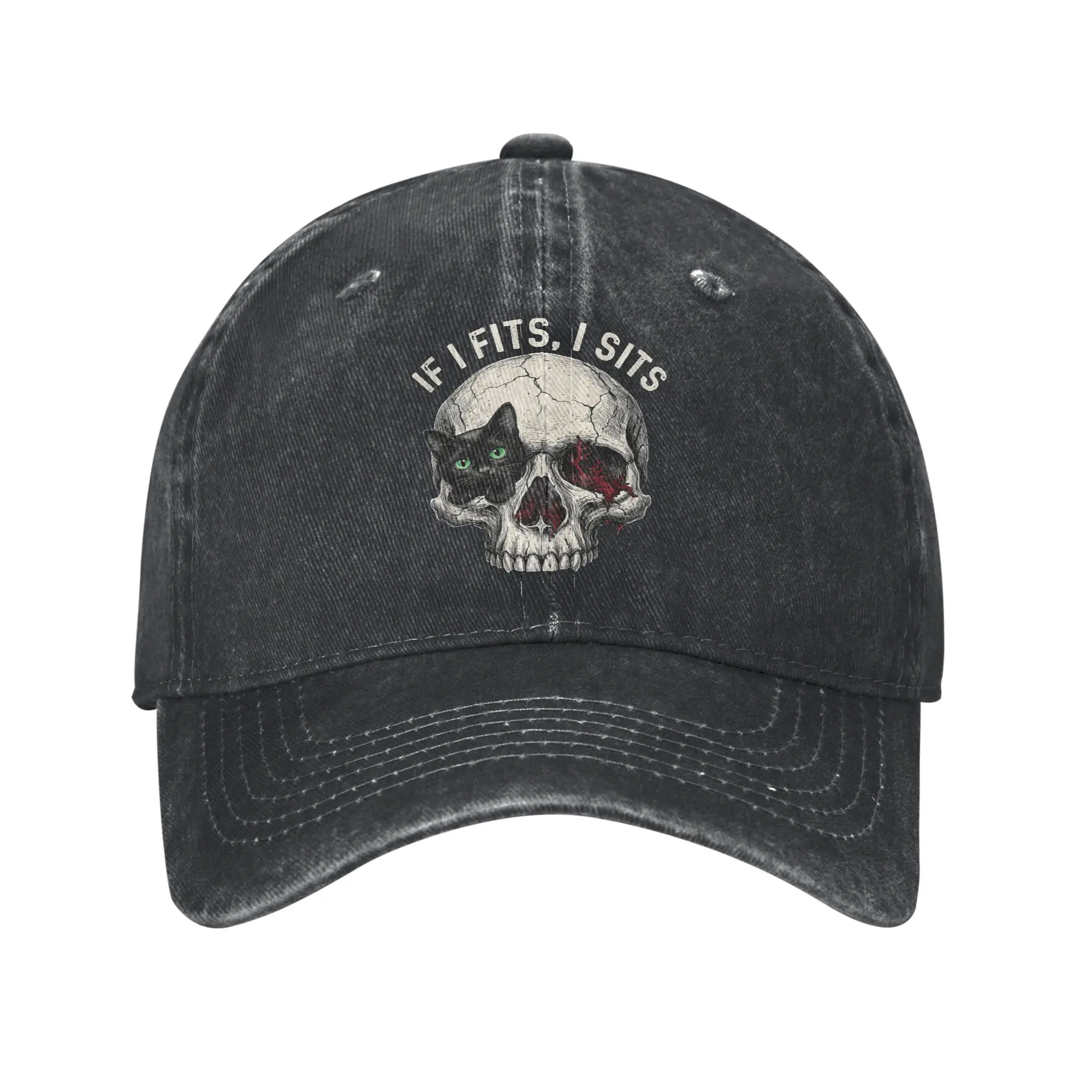 If I Fits I Sits Skull with cat    Gothic Halloween cat Washed Baseball Cap  Casual Sun Hip Hop Hats Summer Unisex-Teens Caps
