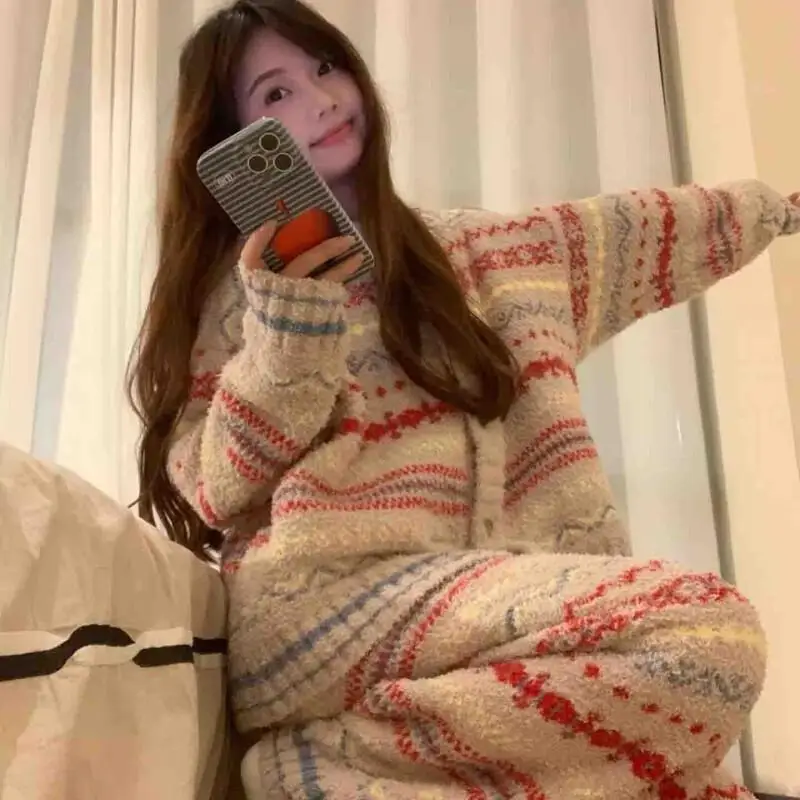 

2025 новый стиль с добавлением фланели, теплая домашняя одежда, комплект больших размеров для зимней моды, домашняя одежда, пижамы, женская одежда