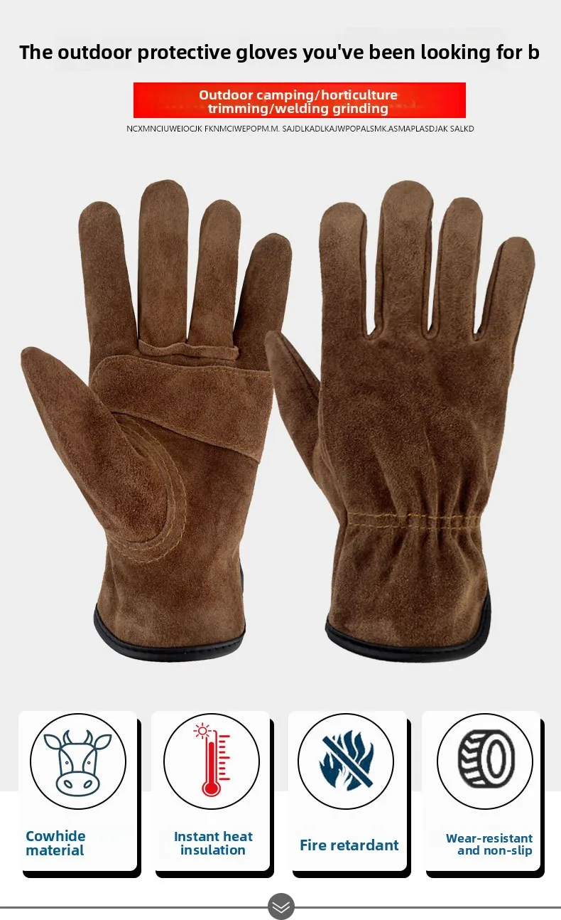 Outdoor Camping Barbecue Gloves Cowhide Leather Warm Gloves Heatproof Fire Resistant Mittens for Hiking Cooking Baking Picnic