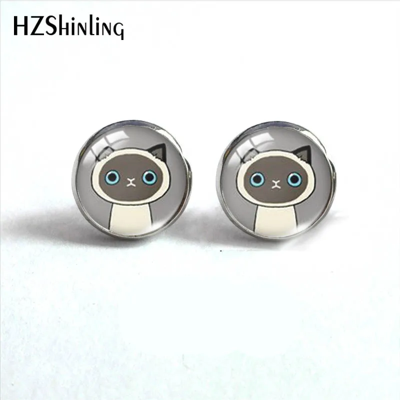 12mm DragonLi Black cat siamese Round Stud Earrings Glass Cabochon Stud Earrings Handmade Ear Jewelry for Women