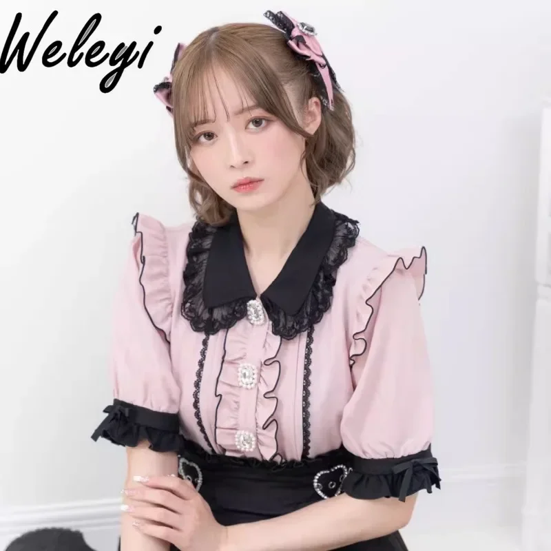 

Kawaii Sweet Women's Shirt Blouse Japanese Fashion Cute Summer New All Matching Koszule I Bluzki Lace Stringy Selvedge Loose Top