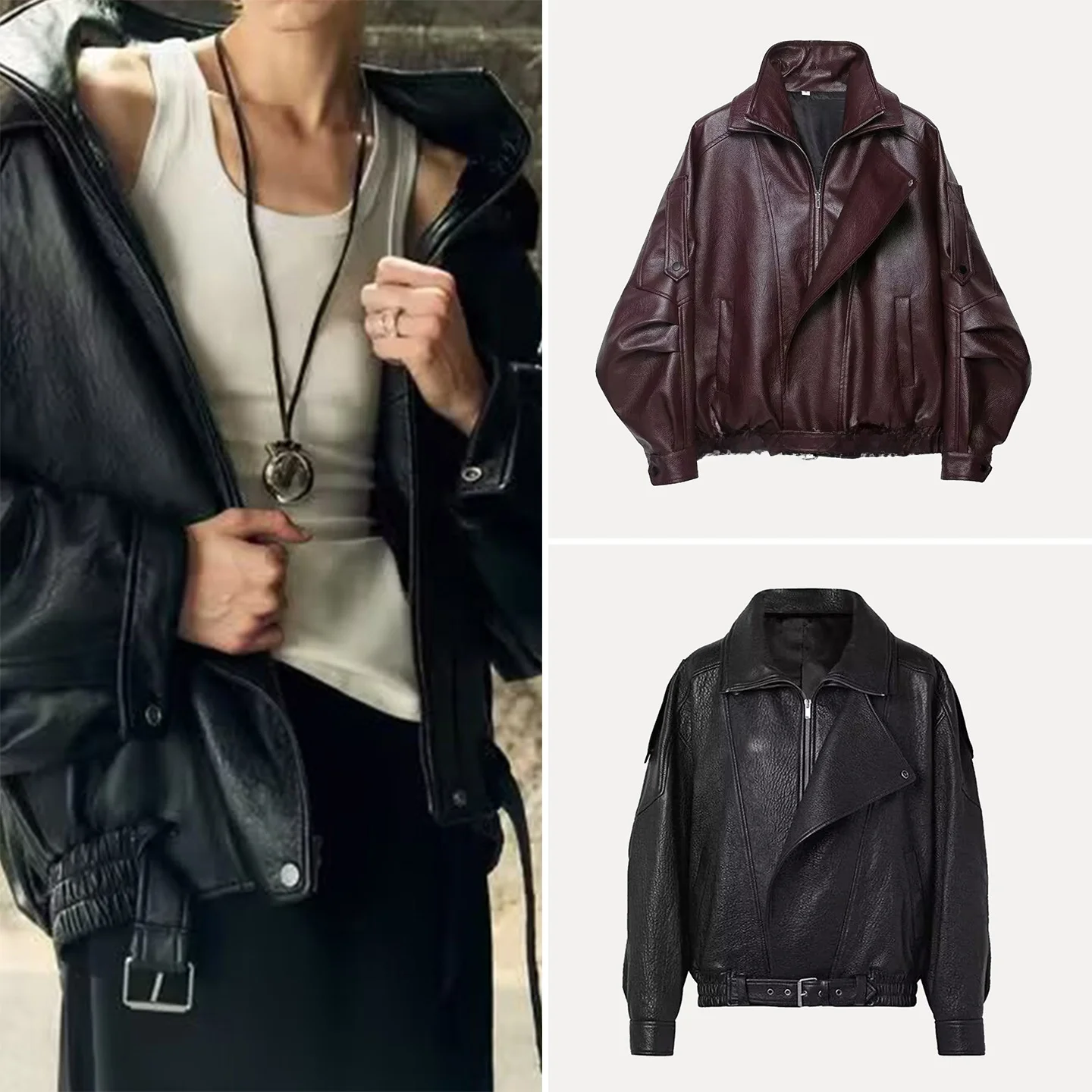 Jaqueta de Couro Solta para Mulheres, Estilo Novo de Outono, Versátil para o Dia a Dia, Manga Longa com Zíper e Bolso