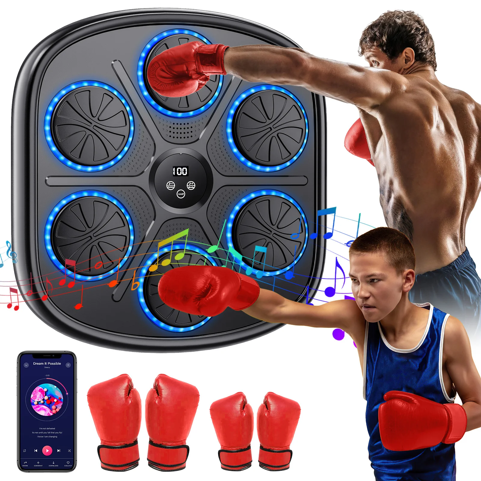Machine de boxe musicale intelligente Bluetooth, entraîneur mural de boxe à domicile avec 9 niveaux de vitesse réglables, cible murale de boxe