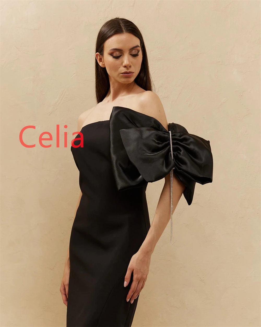 

Customized Modern Black Bow Jersey Evening Dress Exquisite Strapless Sleeveless Celebrity Gowns Fashion Special Occasion Gowns