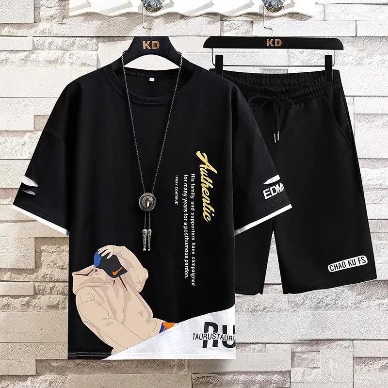 Summer Casual Short Sleeved Set Trendy Loose Five Inch T-shirt Plus Size Men's Outfit Complete Set with Matching