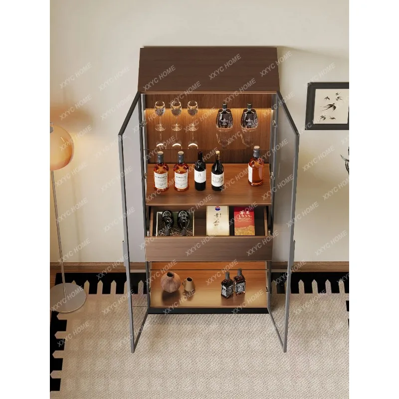 XXThe side cabinet is integrated with storage and wine rack against the wall, showing the   double-door wine cabinet.