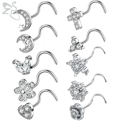 ZS 1PC 20G Stainless Steel Nose Piercingt Star Heart Cross Rose CZ Crystal Nose Stud Screw S-Shaped Nostril Piercings Jewelry