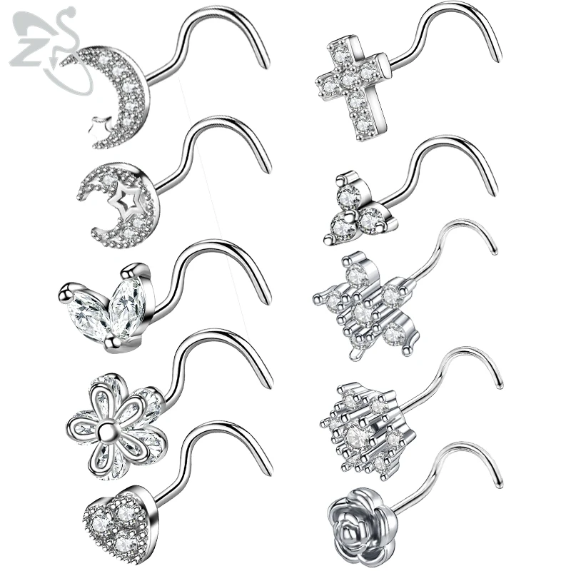 ZS 1PC 20G Stainless Steel Nose Piercingt Star Heart Cross Rose CZ Crystal Nose Stud Screw S-Shaped Nostril Piercings  Jewelry