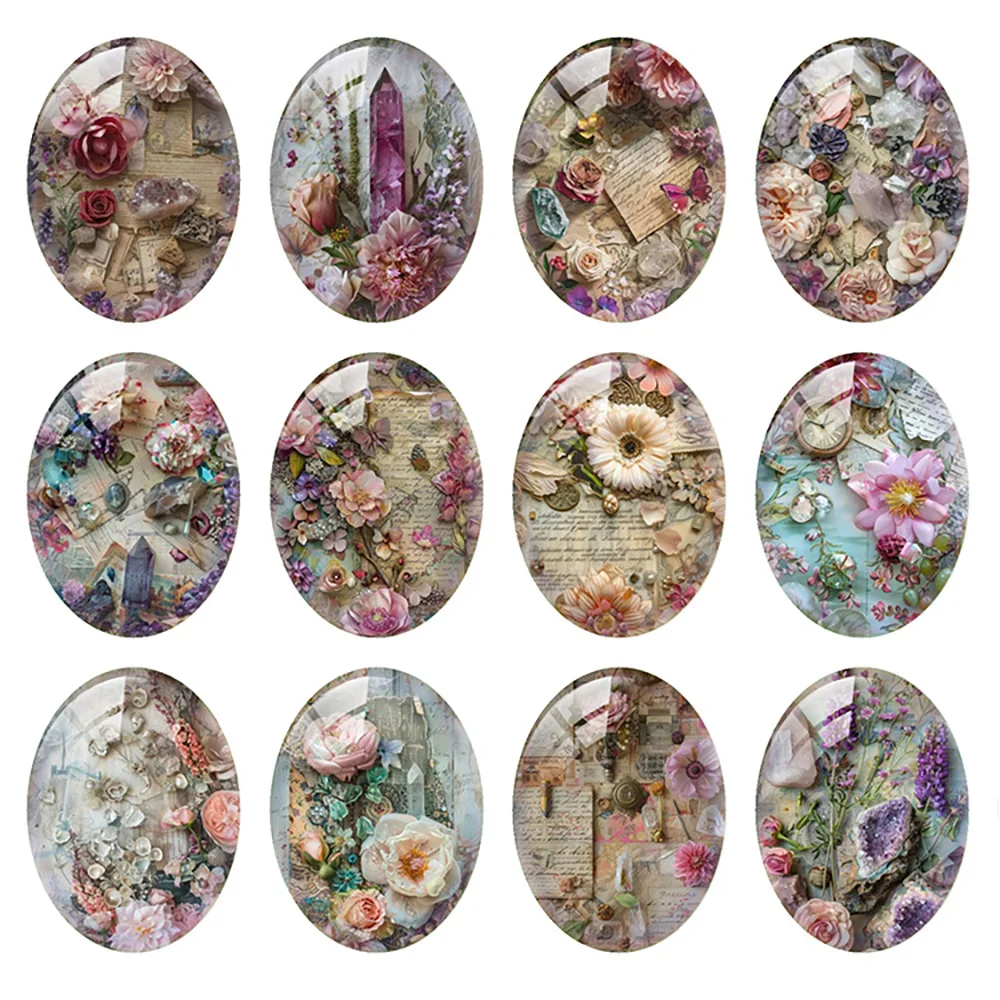 Random Mixed Round/Oval/Square Retro Paper Plants Flower Photo Glass Cabochon Flatback Demo Cameo For Diy Jewelry Making