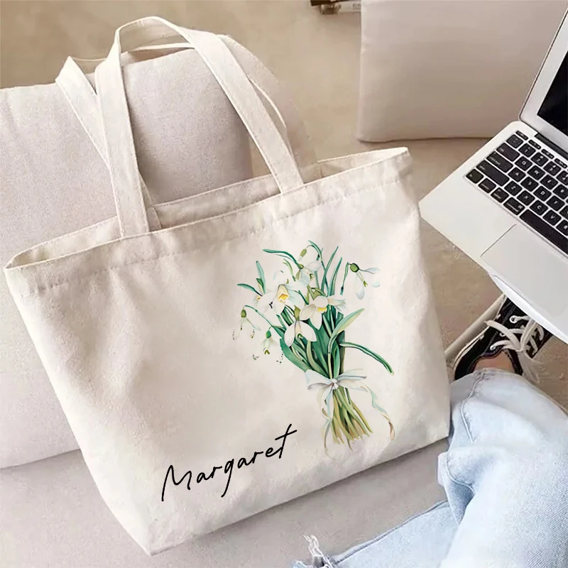 Flower Bouquet Personalized Name Handbag Travel Storage Shoulder Bag Simple Tote Bags Birthday Customize Wedding Bridesmaid Gift