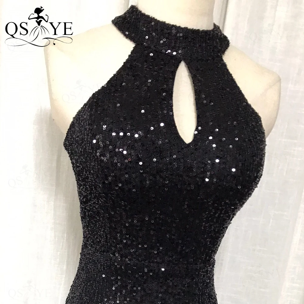 Simple Halter Neck Black Evening Dress Long Sequin Prom Gown Glitter Fit Sleeveless Formal Gown Women Mermaid Prom Dress