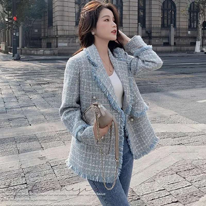 2026 Blue Small Fragrant Style Suit Jacket Women's Spring Autumn New Good-looking Burr Thousand Bird Grid Suit Outerwear