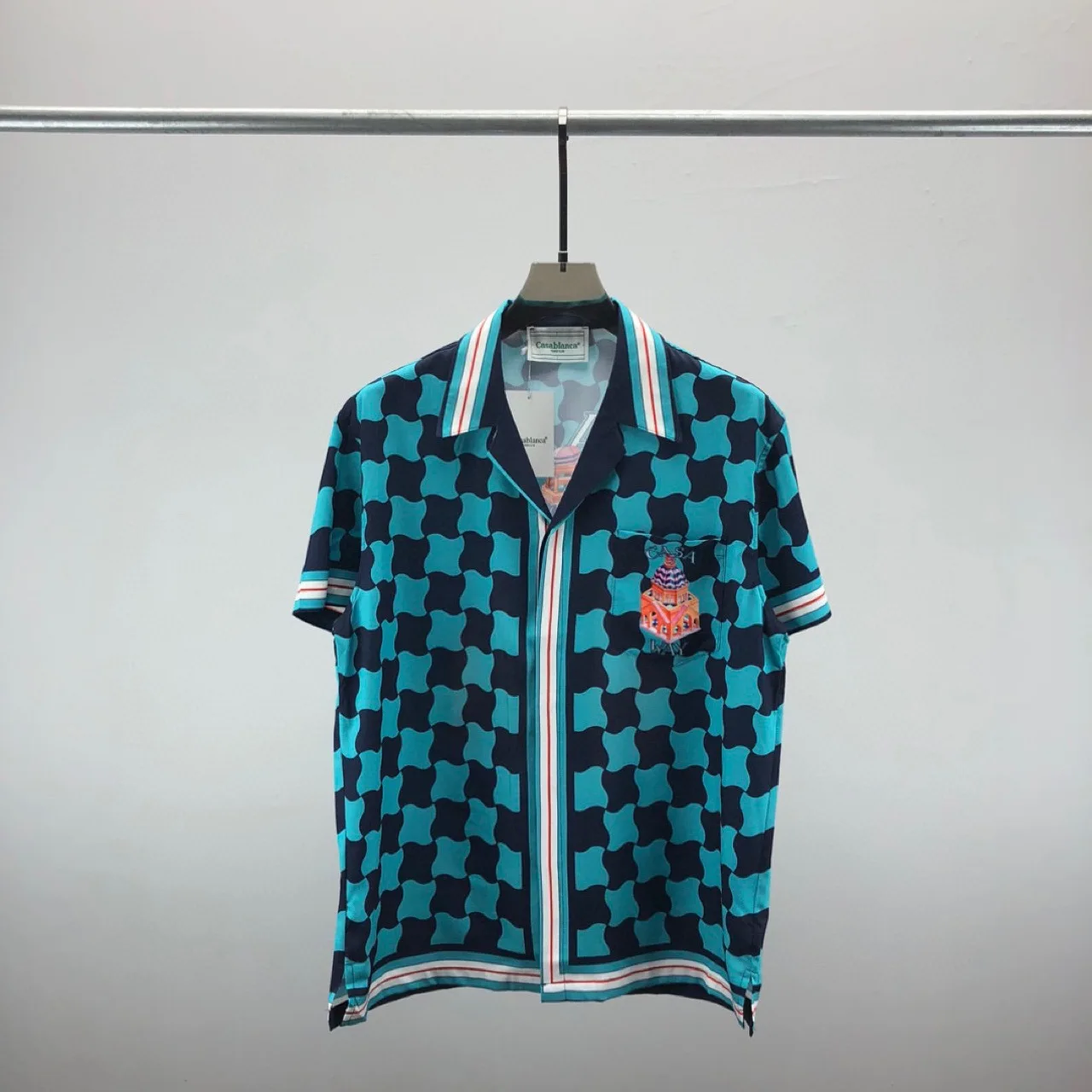 2024 Summer New Ca Short Sleeved Shirt Set  Checkered 3D Printed Pattern Shirts for Men Beach Shorts Shirts PajamaCollar