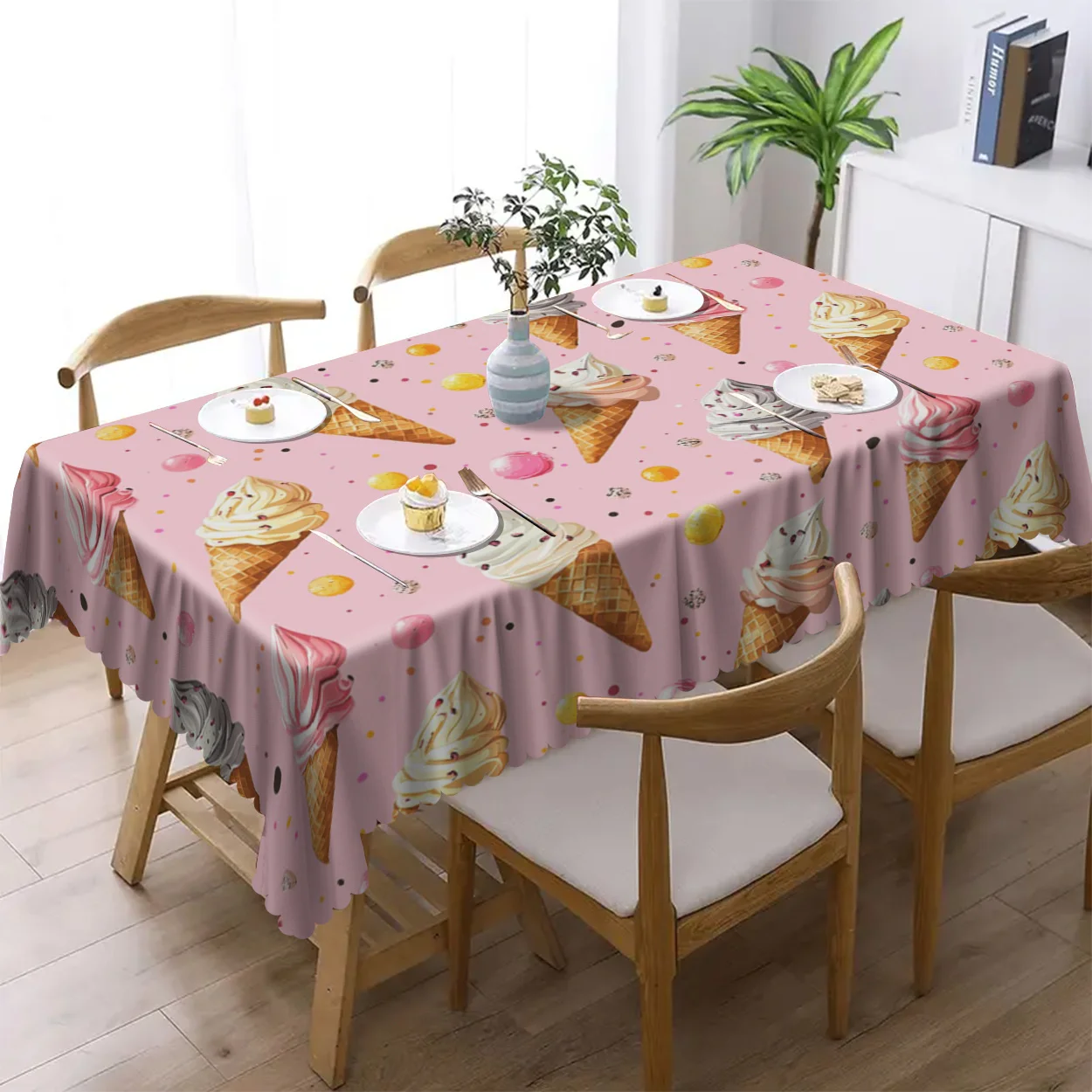 One-piece polyester material, colorful ice cream pattern printed tablecloth, no wrinkles, for home kitchen tablecloth