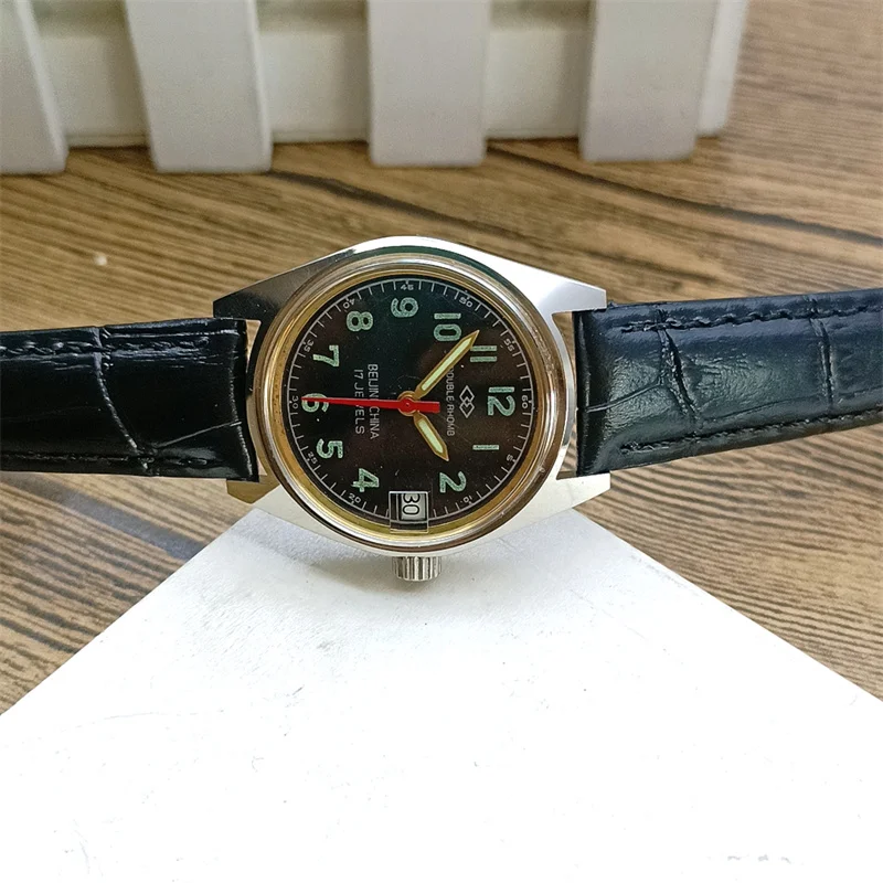 Men's and Women's Manual Mechanical Watch Beijing Shuangling 1990s New Inventory Retro Leather Watch Digital Luminous Watch