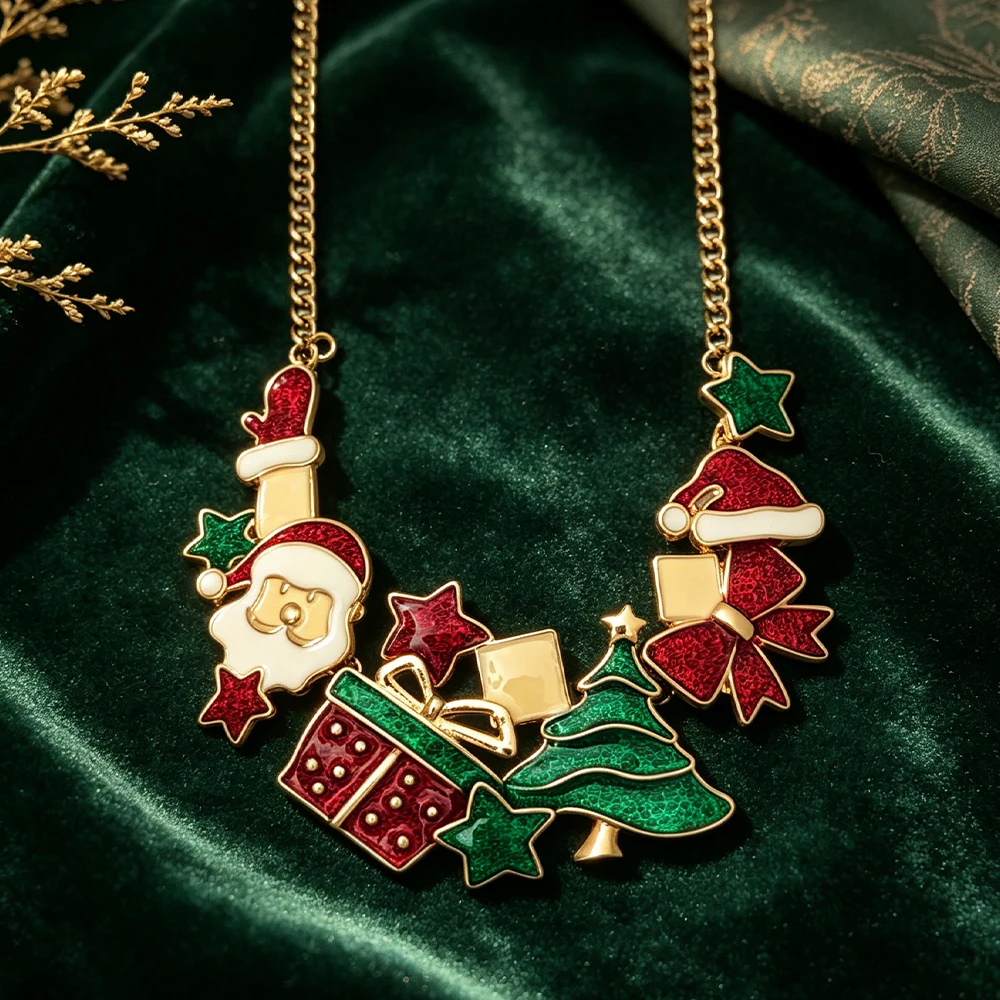 Christmas Themed Enamel Necklace Santa Claus Christmas Tree Gift Box Pendant Holiday Women's Decorative Necklace