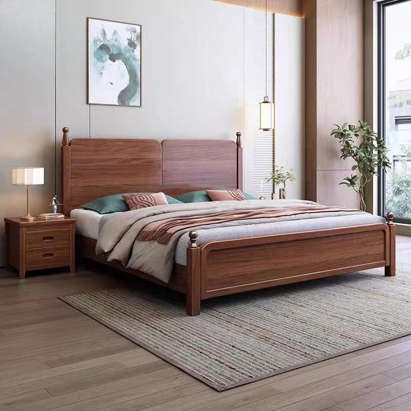 French retro solid wood bed, simple artistic style, hard medium and ancient style master bedroom bed