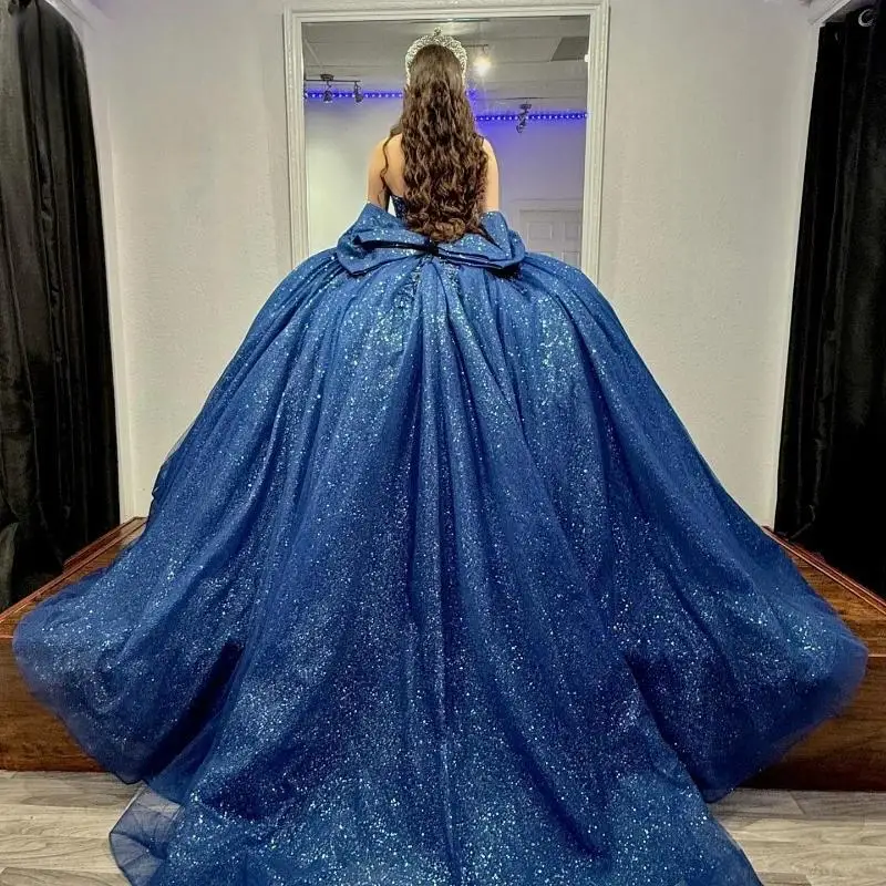 Темно-синее блестящее платье Quinceanera, бальное платье с кружевом и бисером, с кристаллами и бантом, из тюля, на шнуровке, с открытой спиной, вечернее платье принцессы Sweet 16, жилет