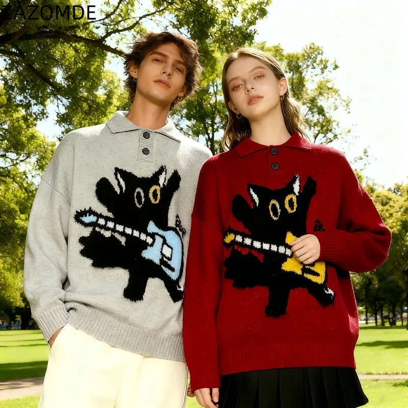 

ZAZOMDE K Pop Inspired Black Cat With Guitar Pattern Sweater Men Women Oversized Streetwear Korean Fashion Trendy Loose Fit Top
