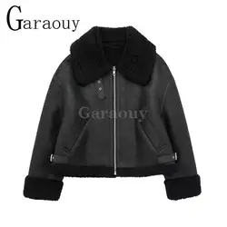 Garaouy 2023 Winter Women Black Faux Leather Fur Lapel Zip Motorcycle Jacket Female Casual Loose Thickened Warm Pu Coat Outwear