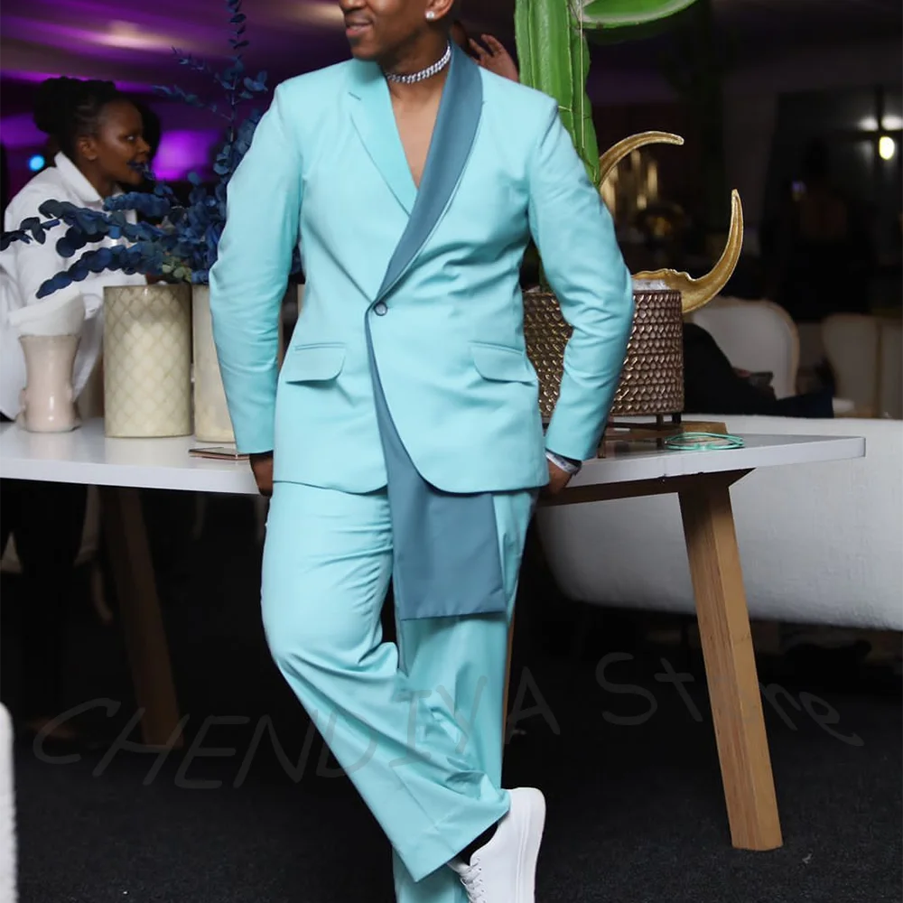

Небесно-голубой мужской костюм из 2 предметов, уникальный свободный повседневный мужской костюм на одной пуговице, официальный случай, джентльменский свадебный комплект для жениха