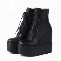 2025 Punk Style Wedges Ankle Boot Black Rubber Sole Shoes 14CM Platform Boots Women Lacing Autumn Sexy lady Wedge Heels Sneakers
