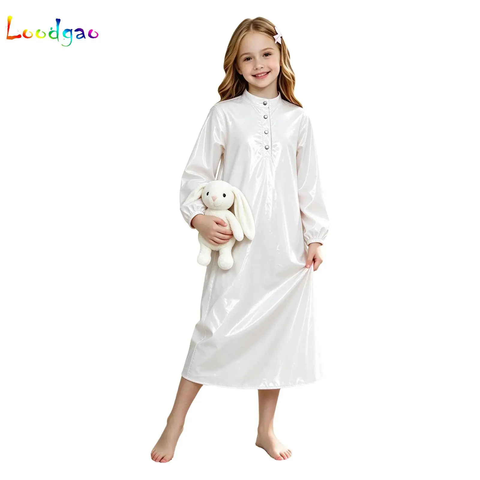 Womens Waterproof Dress Stand Collar Button Placket Long Sleeve Glossy Vinyl Cover Up Sleep Dress Birthday Rave Party Swimwear