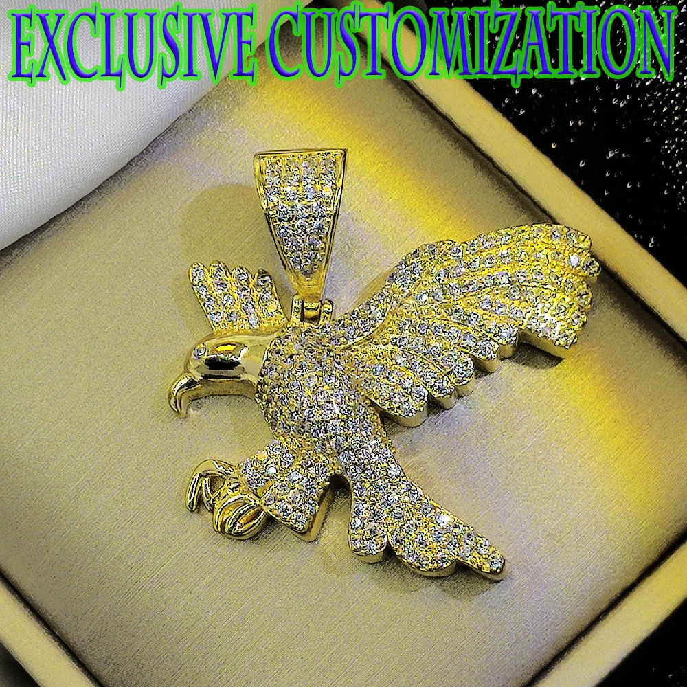 Exclusive customized high-end hip-hop fashion necklace, full diamond falcon gold pendant, 18K gold plating, trendy decoration