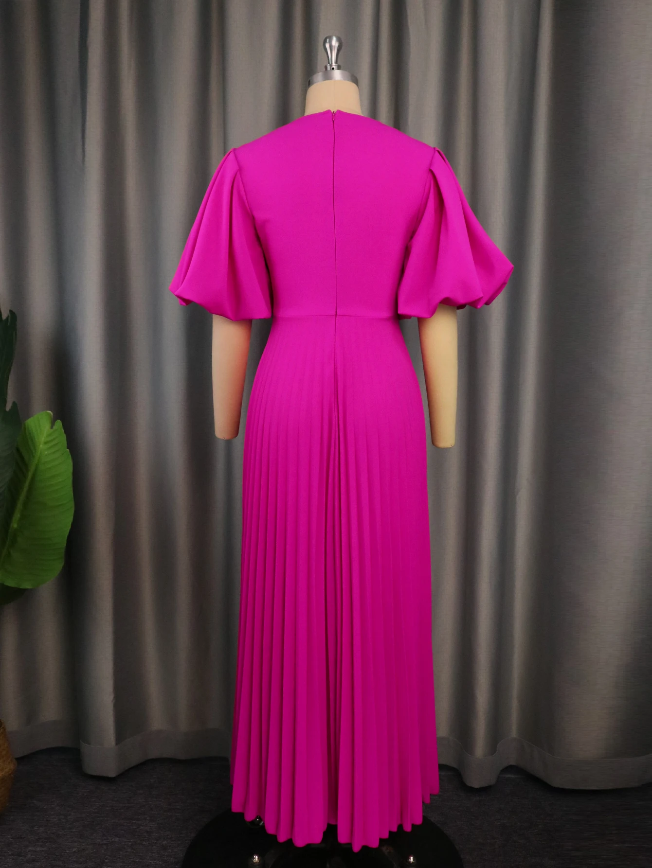 Fuchsia Pleated Dress for Women Plus Size O Neck Cut Out Puff Sleeve Elegant Ladies Evening Party Wedding Gowns Outfits 4XL