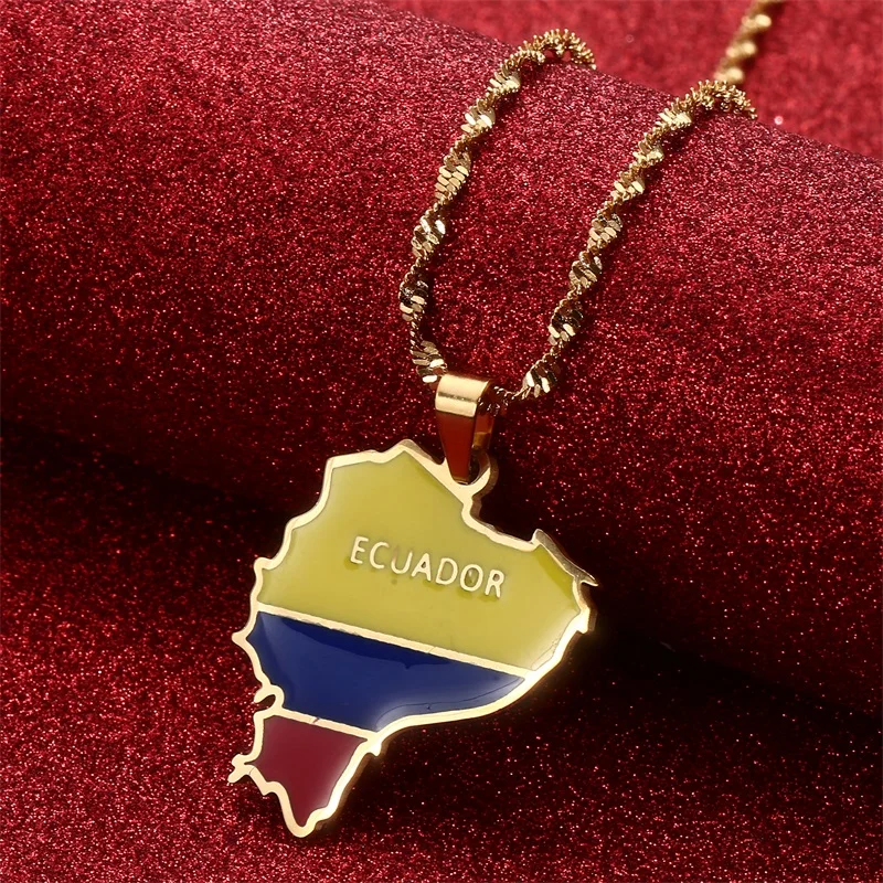 Stainless Steel Ecuador Map With Flag Pendant Necklaces Ecuadorian Jewelry