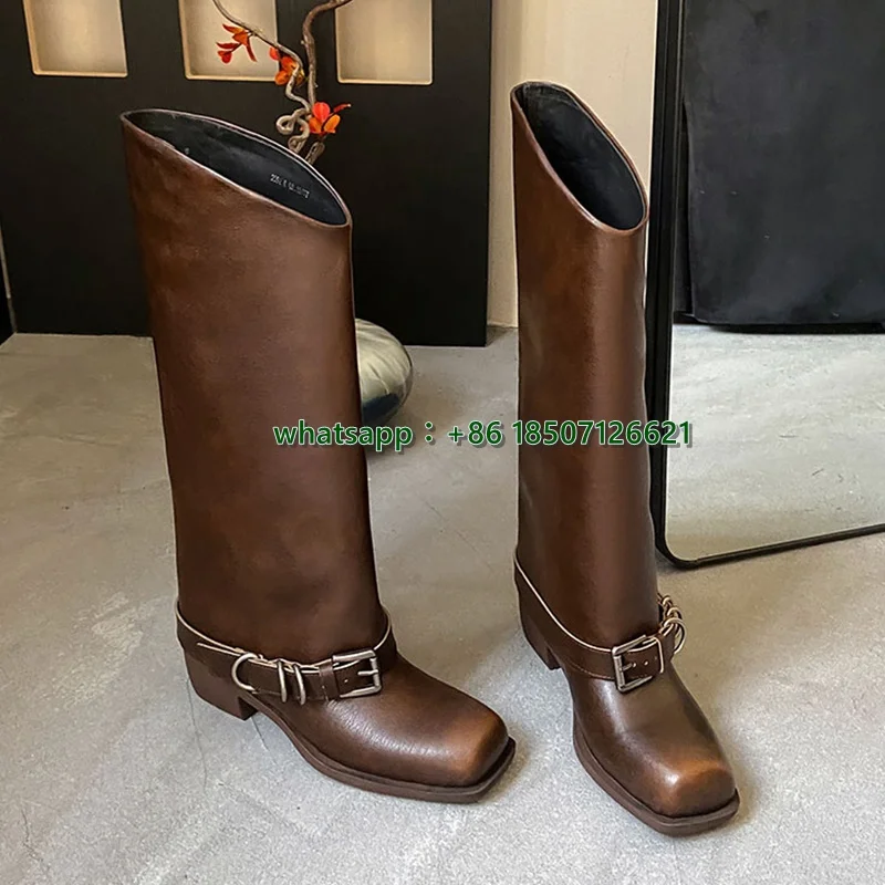 Leather Wide-Tube Knee-High Boots Women's Flat-Soled Thick-Heeled Belt Buckle Long-Tube Trouser Boots High-Top Knight Boots