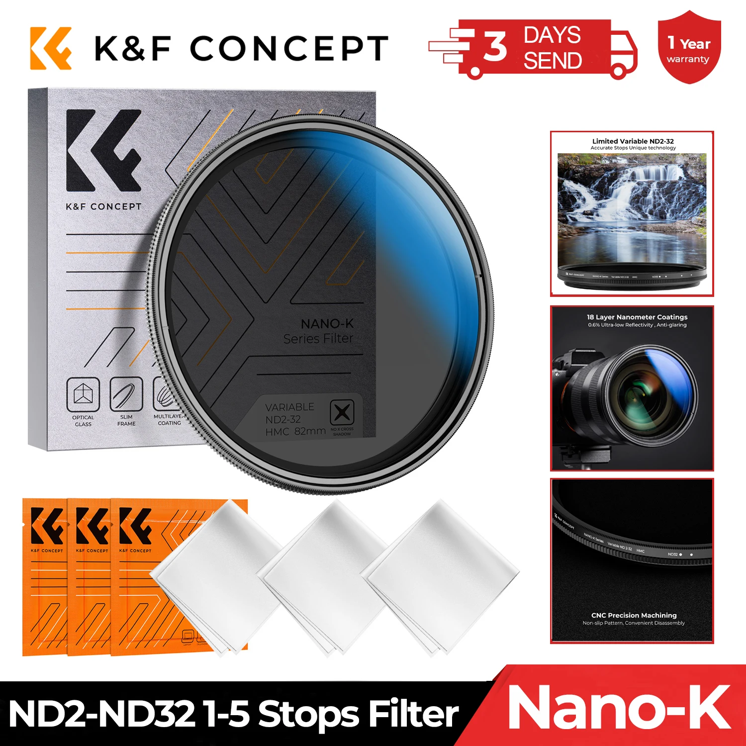 

K&F CONCEPT Adjustable ND2-ND32 Lens Filter Multi-Coated Variable ND Filter For Canon Nikon Sony Camera Lens 37mm 67mm 72mm 82mm