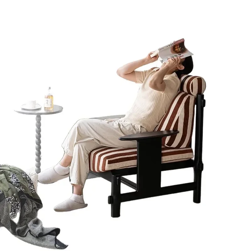 

French retro, solid wood, fabric single sofa, living room balcony lazy sofa, designer casual back chair