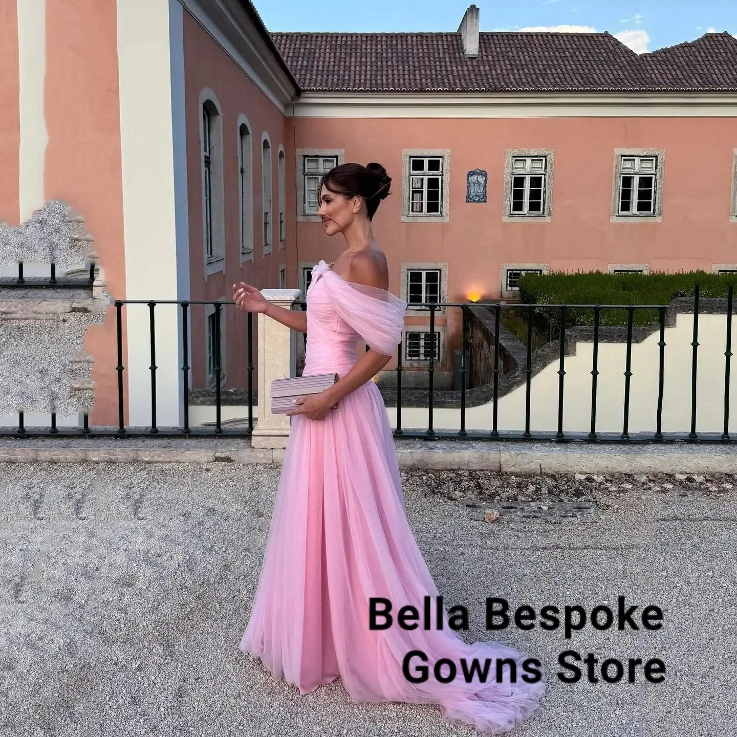 

Dreamy Princess Pink A Line Prom Gowns Off The Shoulder Party Gown Floor Length Evening Dress vestidos de gala Customized