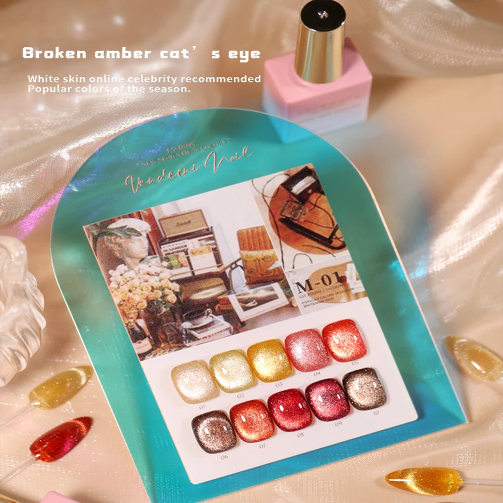 Vendeeni 10 Colors/set Brown Amber Crystal Cat Eye Gel Nail Polish Glitter Gel Varnish Caramel Magnetic Gel Lacquer With Display
