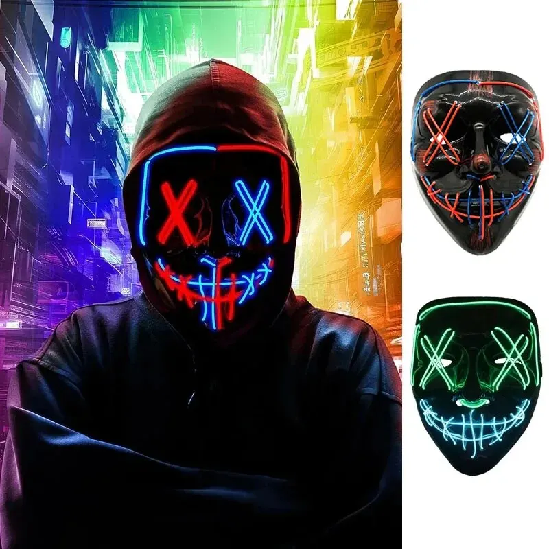 LED Dual Color Glowing Masks Halloween Letter V Horror Mask Role-Playing Carnival Cold Light Mask