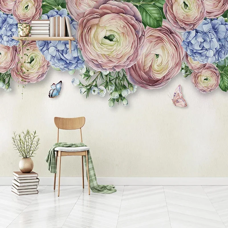 Custom Size 3D Mural Waterproof Canvas Modern Flower Butterfly Pastoral Photo Wallpaper for Wall Bedroom Living Room Decoration