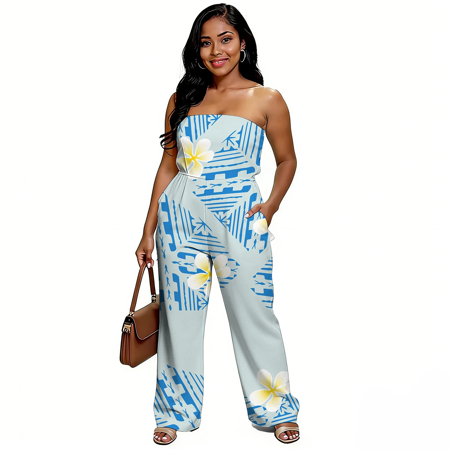Fashionable Polynesian Custom Floral Print Pattern Women'S Plunging One-Piece Dress With Waistline Design For Women'S Clothing